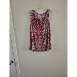 Amana Women Red White Blue‎ Mandala Print Sleeveless Tie Neck Top Plus Size 1X